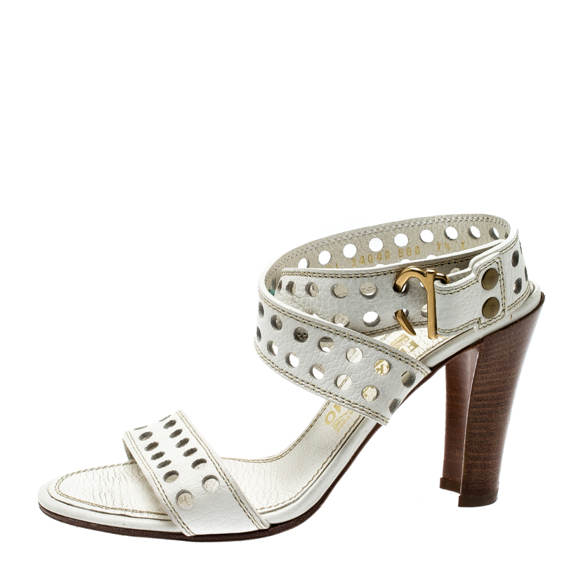

Salvatore Ferragamo White Perforated Leather Ankle Wrap Sandals Size