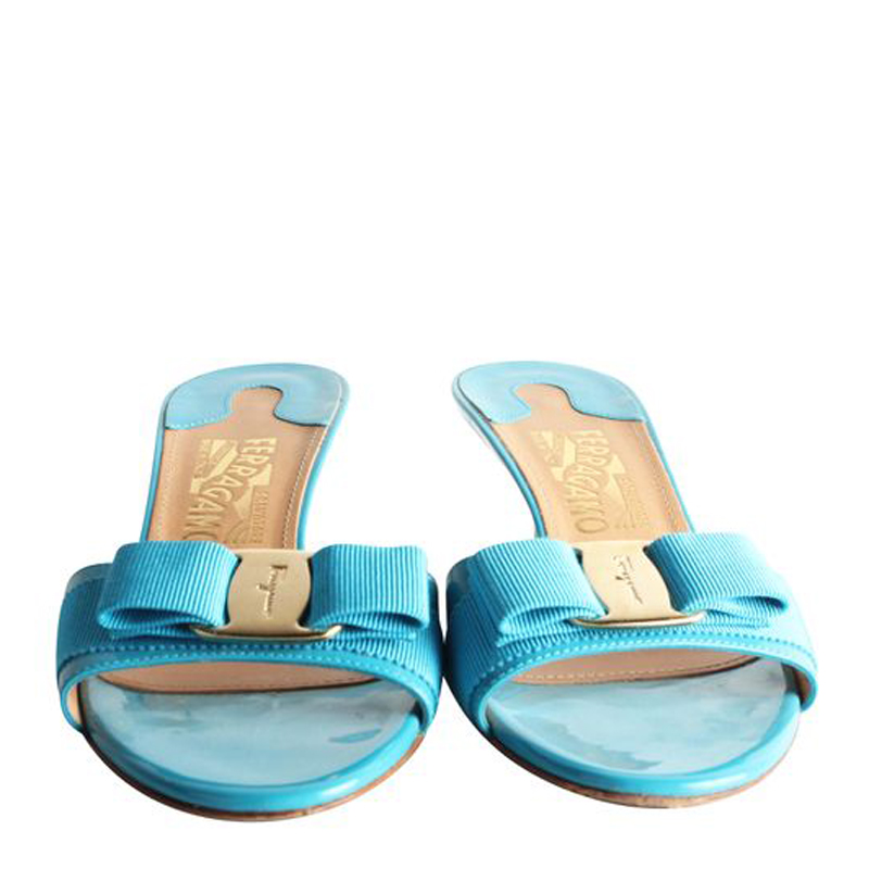 

Salvatore Ferragamo Blue Patent Bow Sandals Size