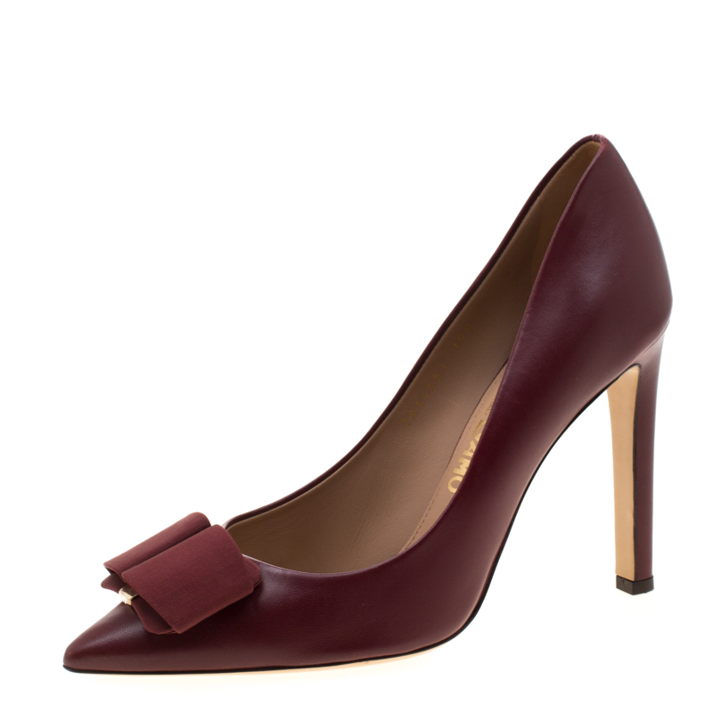 Salvatore Ferragamo Burgundy Leather Mini Bow Detail Pointed Toe Pumps ...