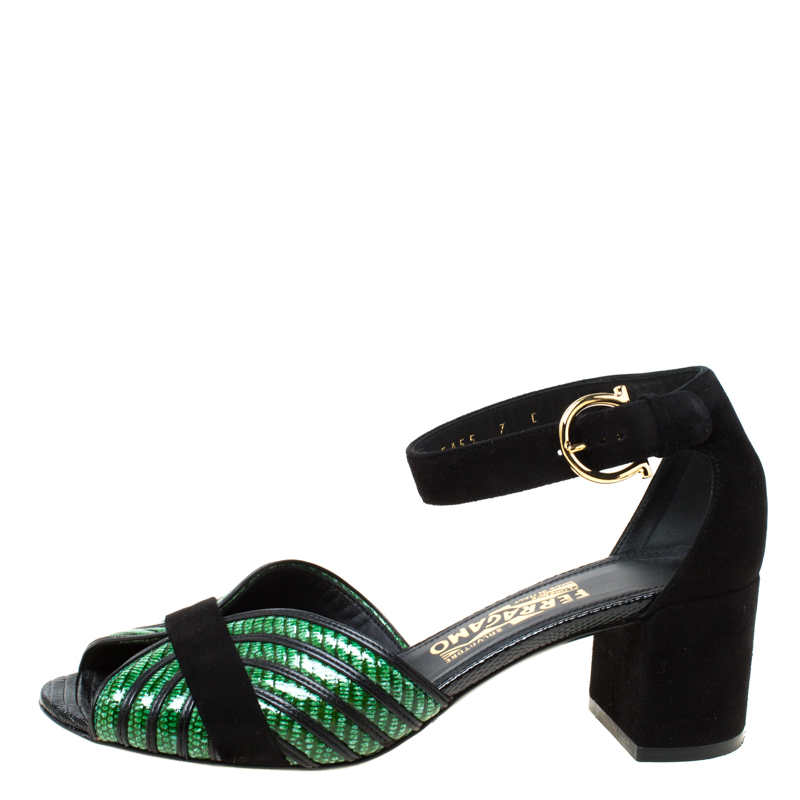 

Salvatore Ferragamo Green Lizard Embossed Leather And Black Suede Ankle Strap Block Heel Sandals Size