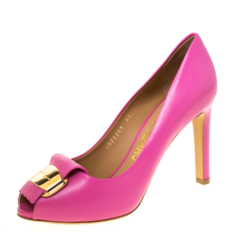 Salvatore Ferragamo Pink Leather Gilda Peep Toe Pumps Size 39 Salvatore ...