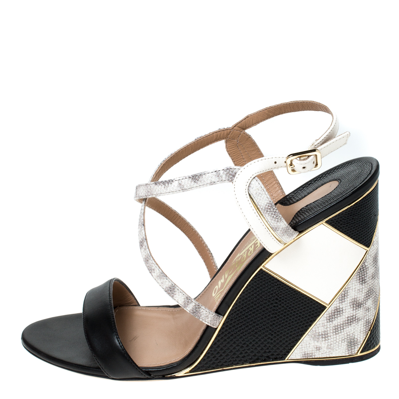 

Salvatore Ferragamo Tricolor Lizard Embossed Leather Wedge Ankle Strap Sandals Size, Black