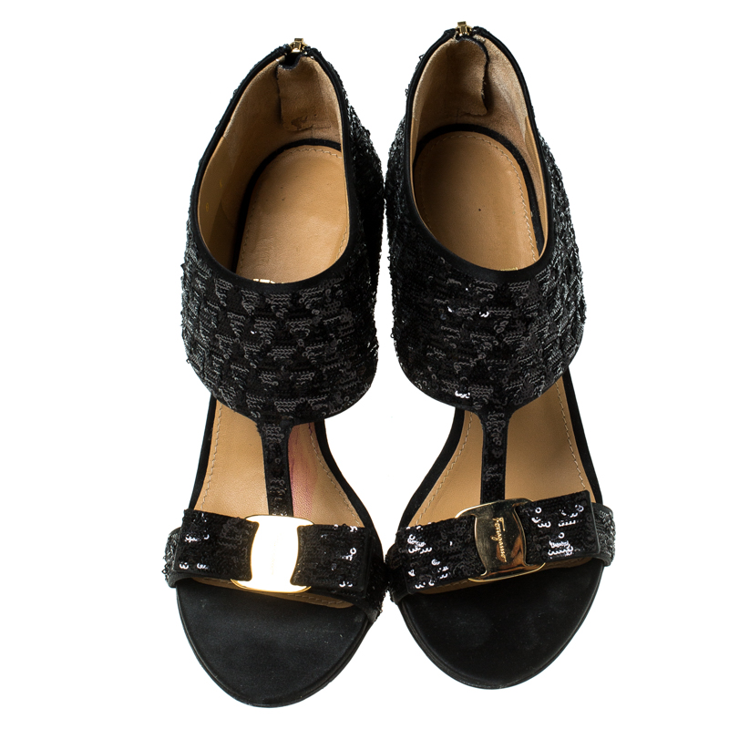 Salvatore Ferragamo Black Sequins And Satin Vara Bow Ankle Strap Sandals Size 38.5