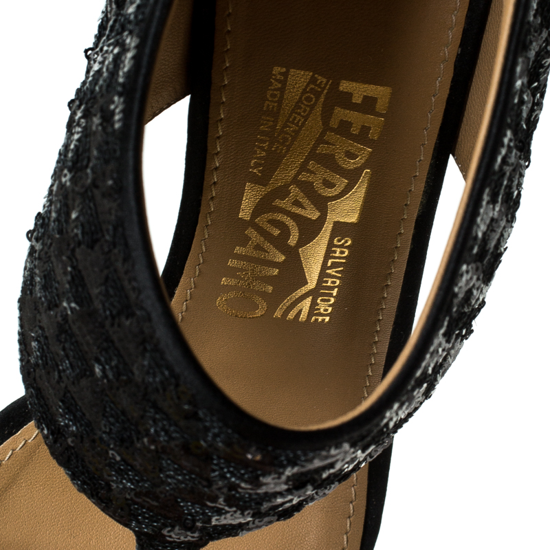 Salvatore Ferragamo Black Sequins And Satin Vara Bow Ankle Strap Sandals Size 38.5