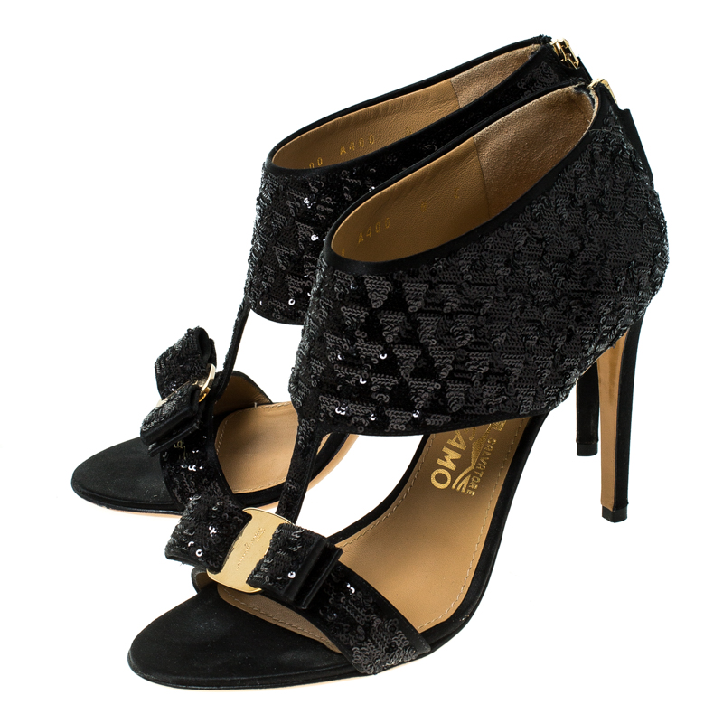 Salvatore Ferragamo Black Sequins And Satin Vara Bow Ankle Strap Sandals Size 38.5