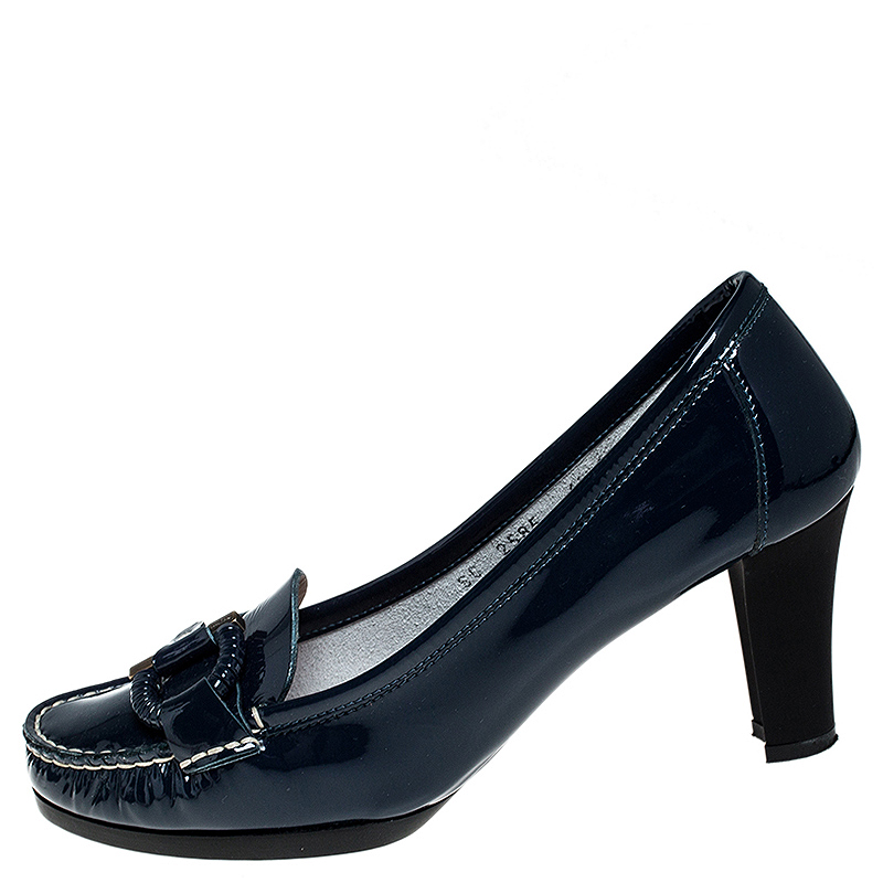 

Salvatore Ferragamo Blue Patent Leather Gancini Detail Block Heel Loafer Pumps Size