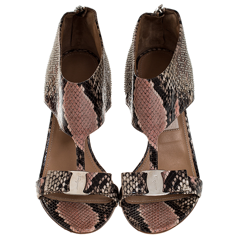 Salvatore Ferragamo Multicolor Python Embossed Studded Pellas T Strap Sandals Size 40.5