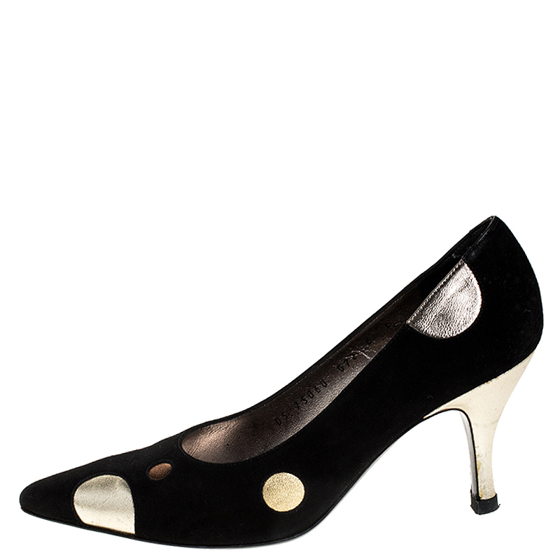 

Salvatore Ferragamo Black Suede And Metallic Gold Circle Pointed Toe Pumps Size