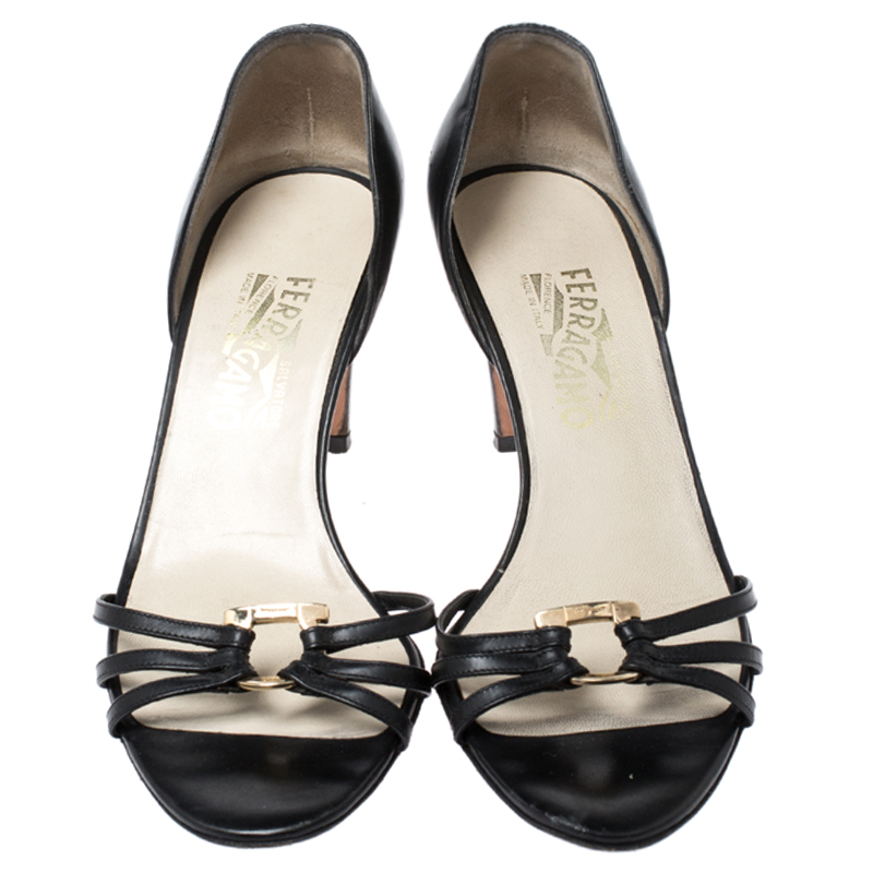 Pre-owned Ferragamo Black Leather Strappy Gancini Logo Sandals Size 38.5