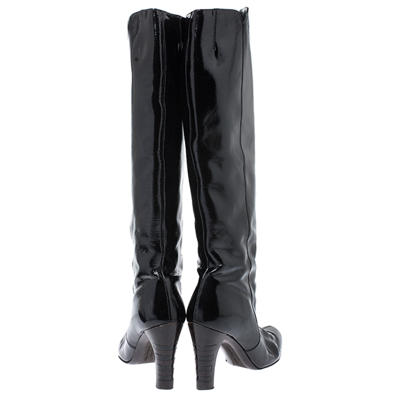 Pre-owned Ferragamo Black Patent Leather Knee Length Boots Size 38