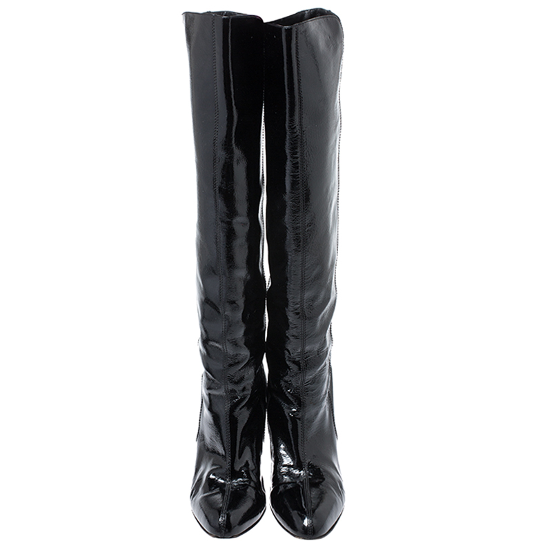 Pre-owned Ferragamo Black Patent Leather Knee Length Boots Size 38