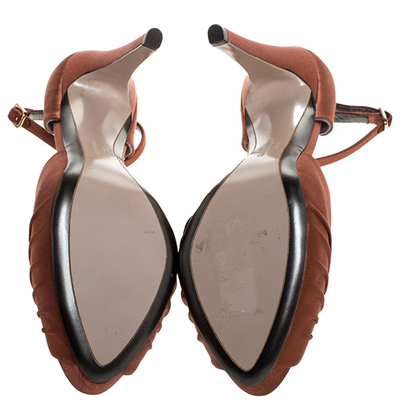 Salvatore Ferragamo Brown Satin Peep Toe Ankle Strap Platform Sandals Size 39