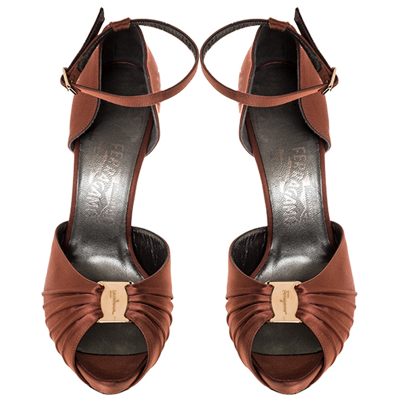 Salvatore Ferragamo Brown Satin Peep Toe Ankle Strap Platform Sandals Size 39