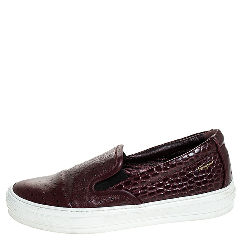 

Salvatore Ferragamo Burgundy Croc And Ostrich Embossed Leather Pacau Slip On Sneakers Size