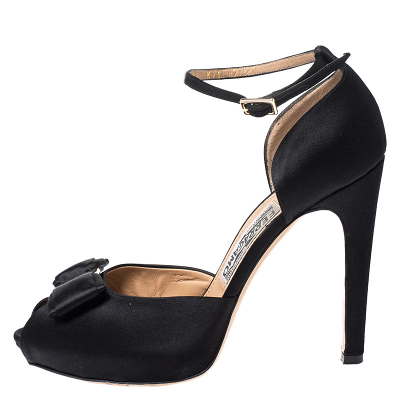 

Salvatore Ferragamo Black Satin Bow Peep Toe Ankle Strap Sandals Size