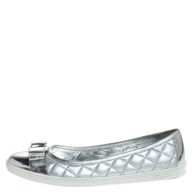 

Salvatore Ferragamo Metallic Silver Quilted Leather Rufina Sneaker Ballet Flats Size