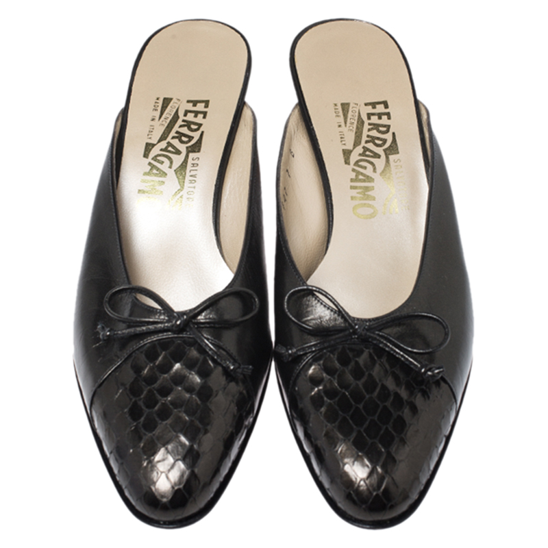 Salvatore Ferragamo Black Leather And Snakeskin Bow Mules Sandals Size 37.5