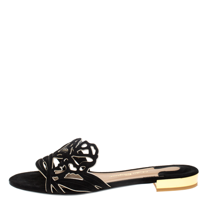 

Salvatore Ferragamo Black Suede Cutout Flat Slide Sandals Size