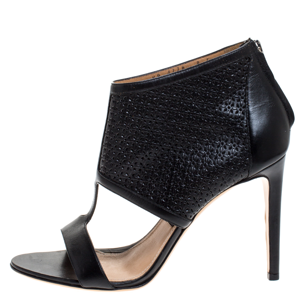 

Salvatore Ferragamo Black Perforated Leather Pacella Open Toe Sandals Size