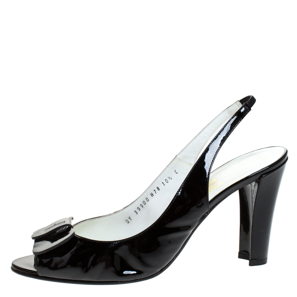 

Salvatore Ferragamo Black Patent Leather Bow Peep Toe Slingback Sandals Size