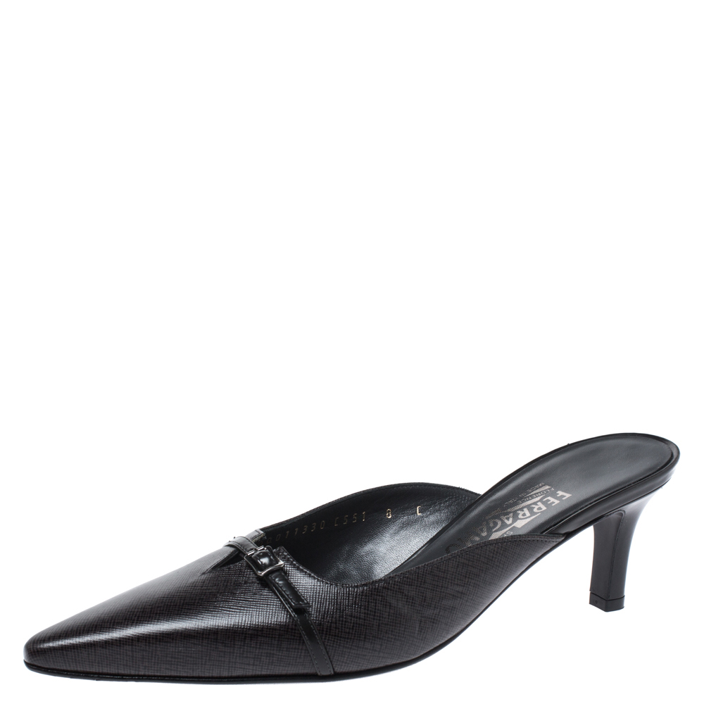 Pre-owned Ferragamo Black Leather Donata Pointed Toe Mule Sandals Size 38.5