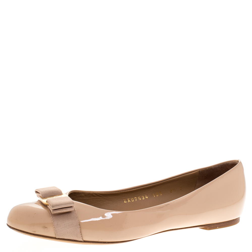 Click to view more detailed imagery on our partner's website Salvatore Ferragamo Beige Patent Leather Varina Ballet Flats Size 40