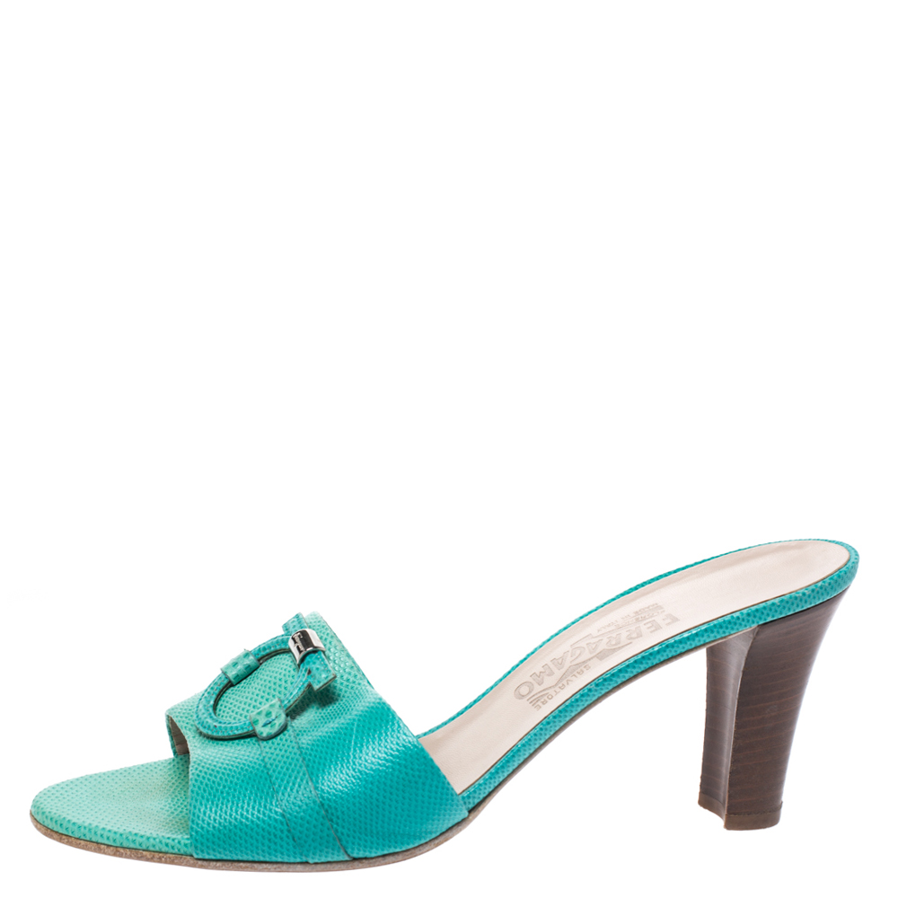 

Salvatore Ferragamo Green Lizard Embossed Leather Open Toe Sandals Size