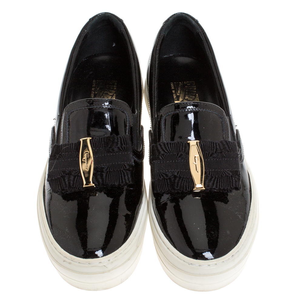 Salvatore Ferragamo Black Patent Leather Bow Slip On Sneakers Size 36.5