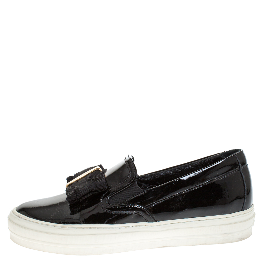 

Salvatore Ferragamo Black Patent Leather Bow Slip On Sneakers Size