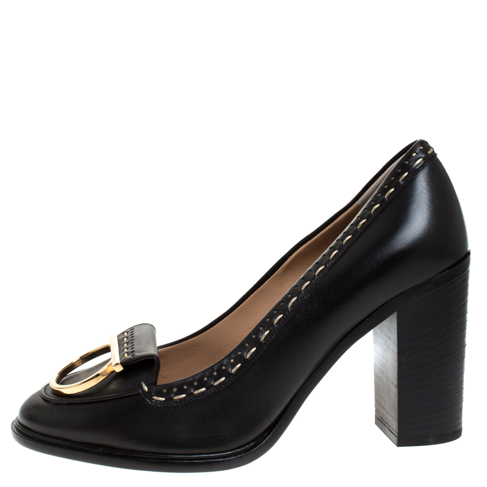 

Salvatore Ferragamo Black Leather Fele Gancio Detail Block Heel Loafer Pumps Size