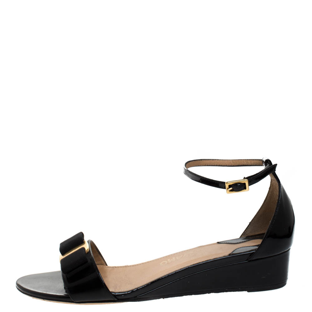 

Salvatore Ferragamo Black Patent Margot Vara Bow Ankle Strap Wedge Sandals Size