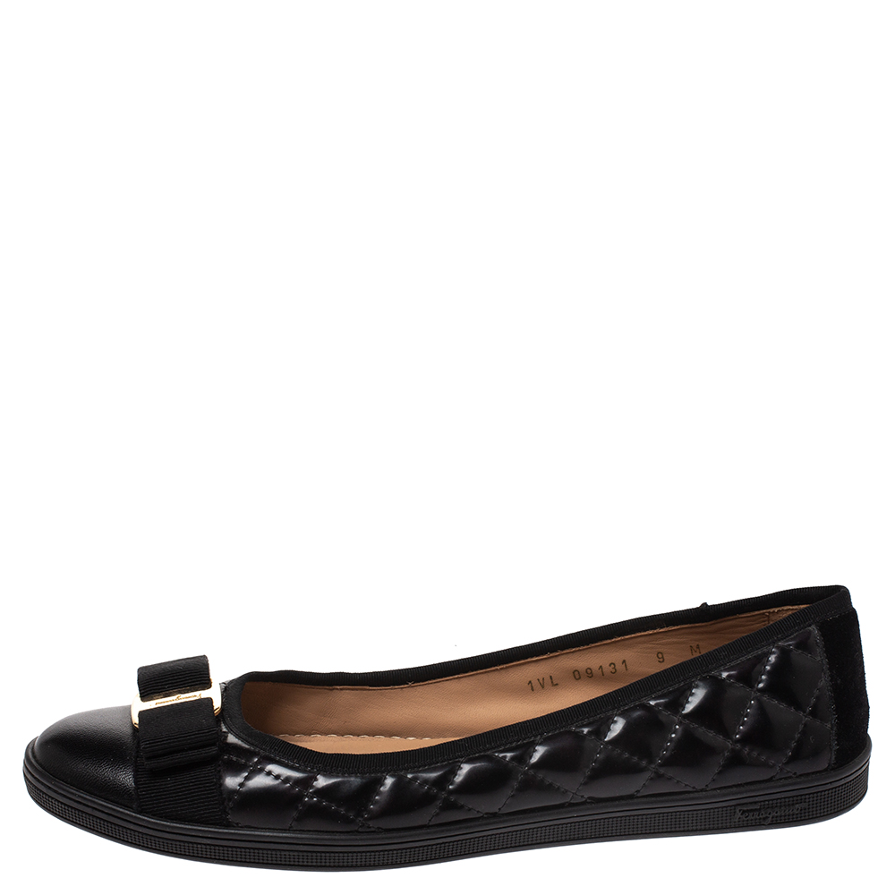 

Salvatore Ferragamo Black Quilted Patent And Leather Rufina Sneaker Ballet Flats Size