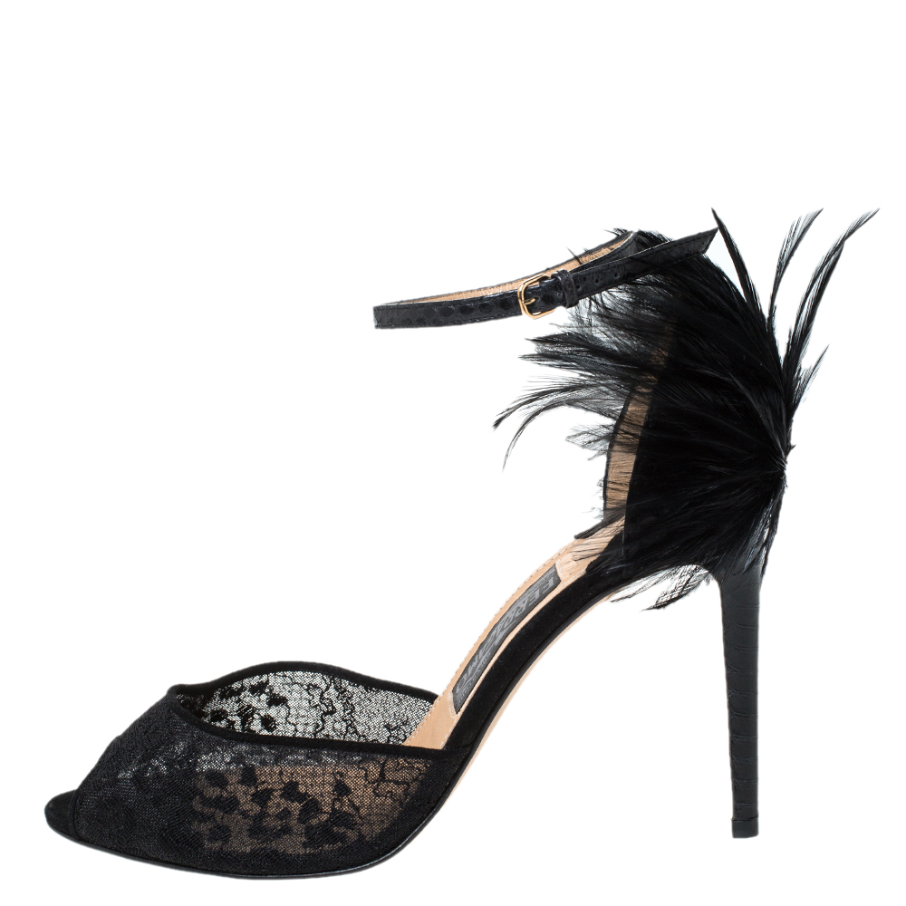 

Salvatore Ferragamo Black Lace and Feather Narleen Ankle Strap Sandals Size 39C