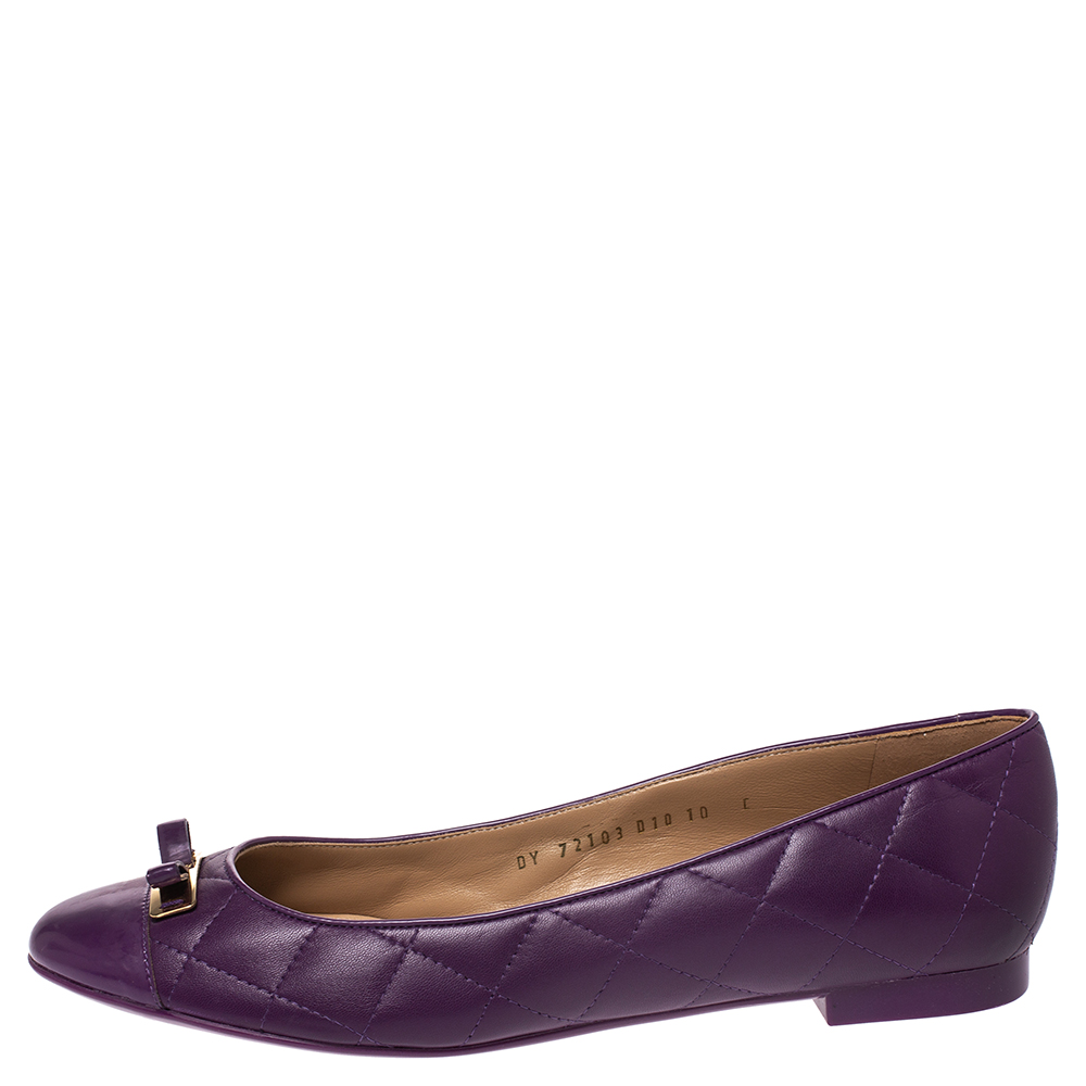 

Salvatore Ferragamo Purple Quilted Leather Bow Ballet Flats Size