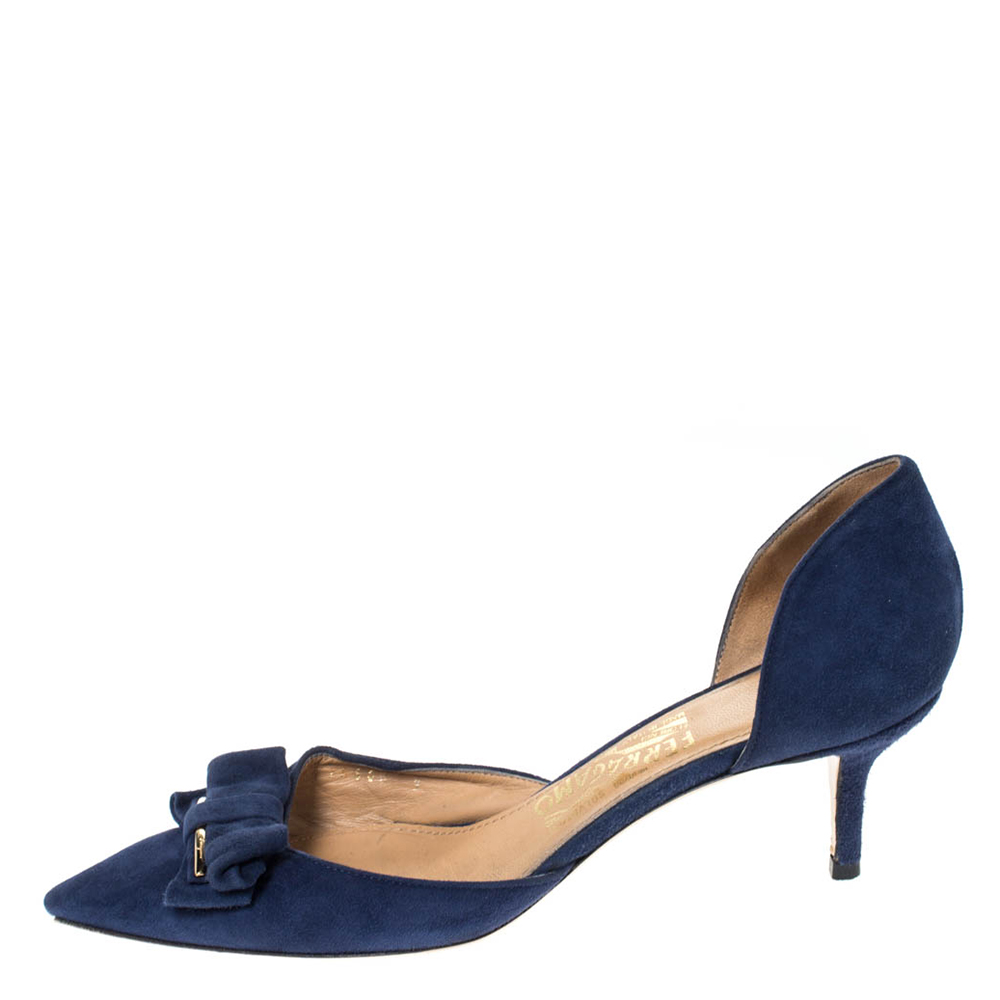 

Salvatore Ferragamo Blue Suede Rietta Bow D'orsay Pointed Toe Sandals Size
