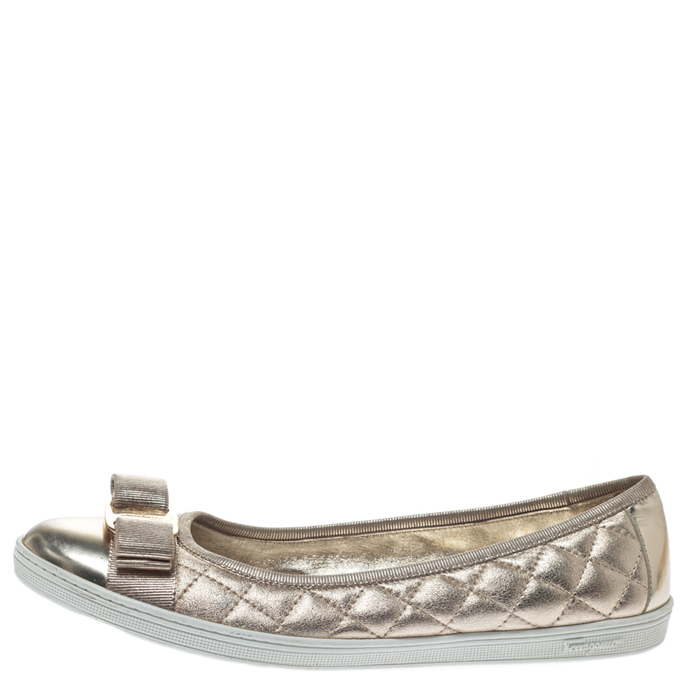 

Salvatore Ferragamo Metallic Gold Quilted Leather Rufina Vara Bow Ballet Flats Size