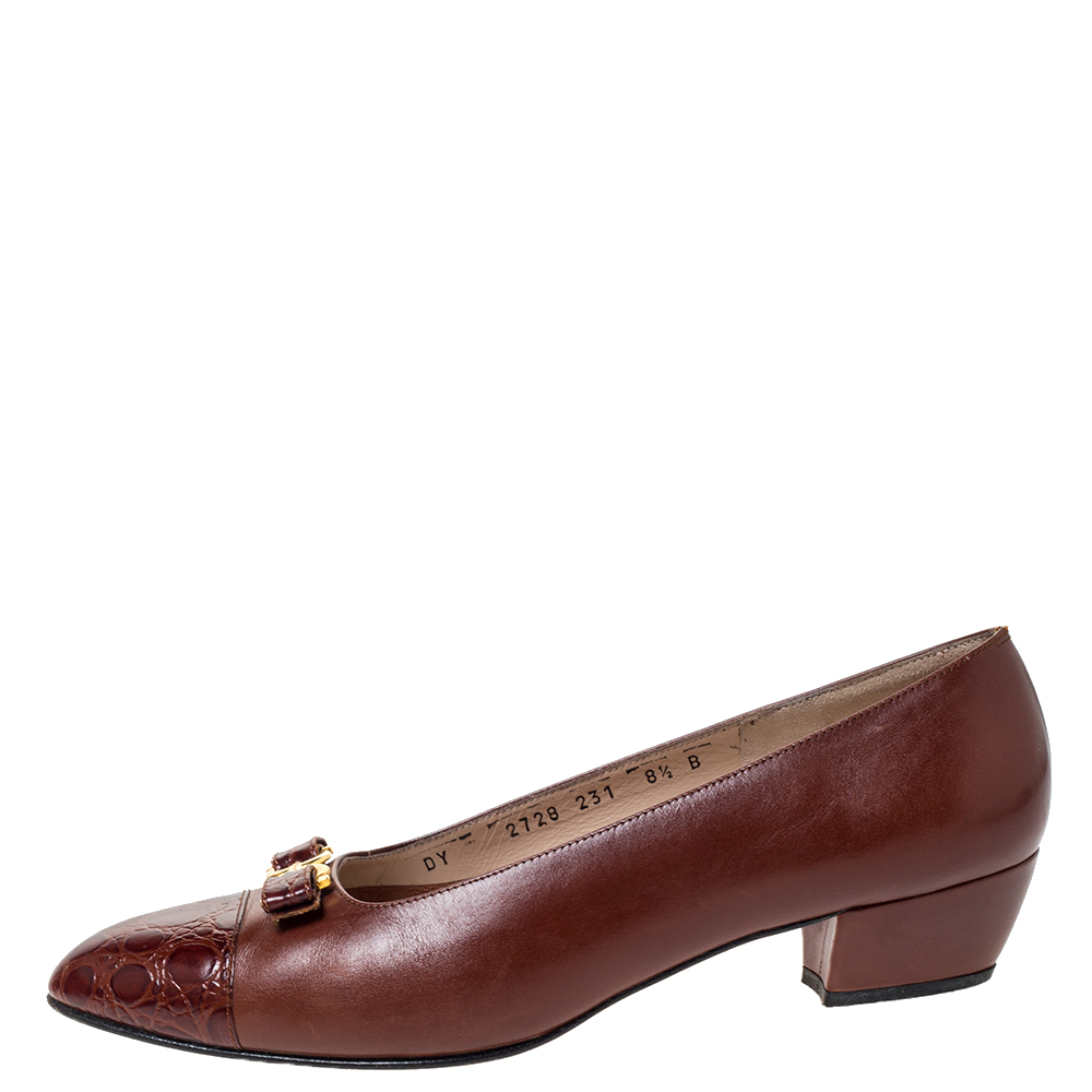 

Salvatore Ferragamo Brown Leather And Croc Bow Cap Toe Ballet Flats Size