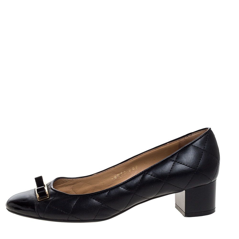 

Salvatore Ferragamo Black Leather And Patent 'My Quilted' Bow Block Heel Pumps Size
