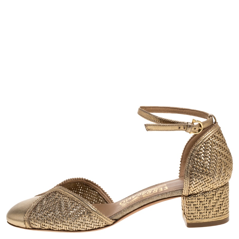 

Salvatore Ferragamo Metallic Gold Woven Leather Edda Block Heel Sandals Size