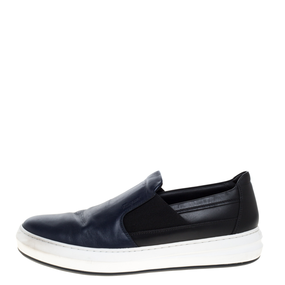 

Salvatore Ferragamo Navy Blue Leather Slip On Sneakers Size