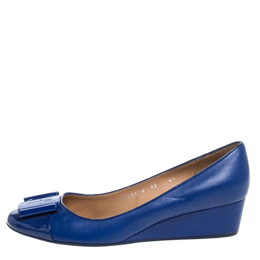 

Salvatore Ferragamo Blue Leather And Patent 'Petra' Wedge Cap Toe Pumps Size