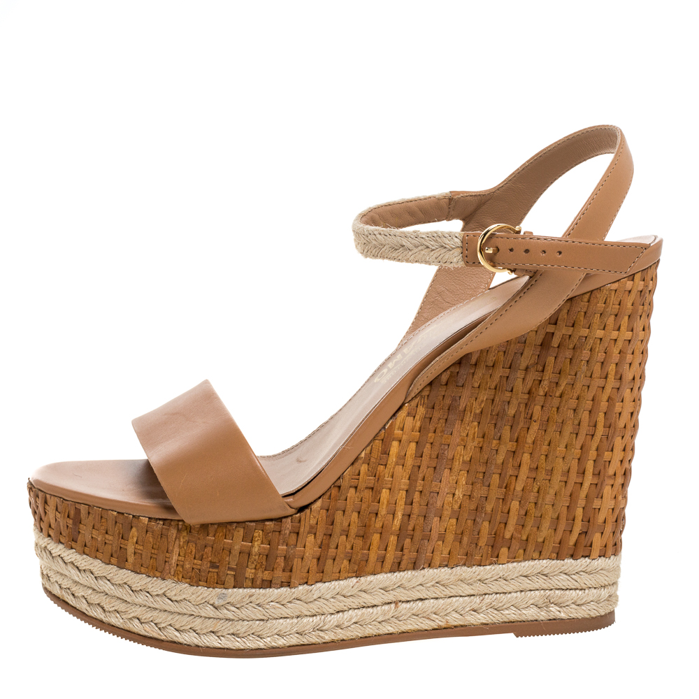 

Salvatore Ferragamo Brown Leather, Jute And Raffia 'Marlene' Platform Wedge Sandals Size