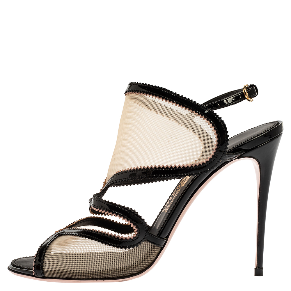 

Salvatore Ferragamo Black/Nude Patent Leather and Nylon Elisea Net Sandals Size