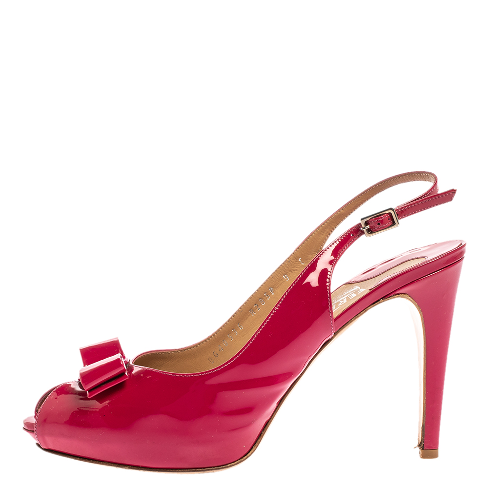 

Salvatore Ferragamo Pink Patent Leather Bow Peep Toe Platform Slingback Sandals Size