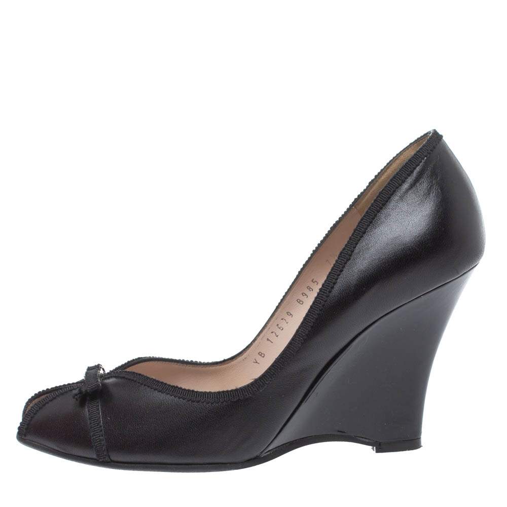 

Salvatore Ferragamo Black Leather Bow Wedge Peep Toe Pumps Size