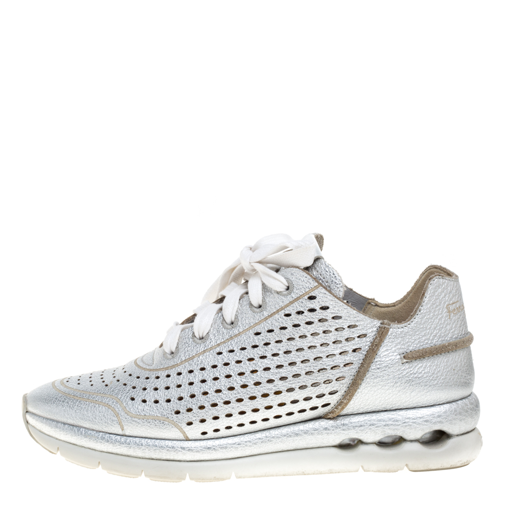 

Salvatore Ferragamo Silver Perforated Leather Gils Sneakers Size