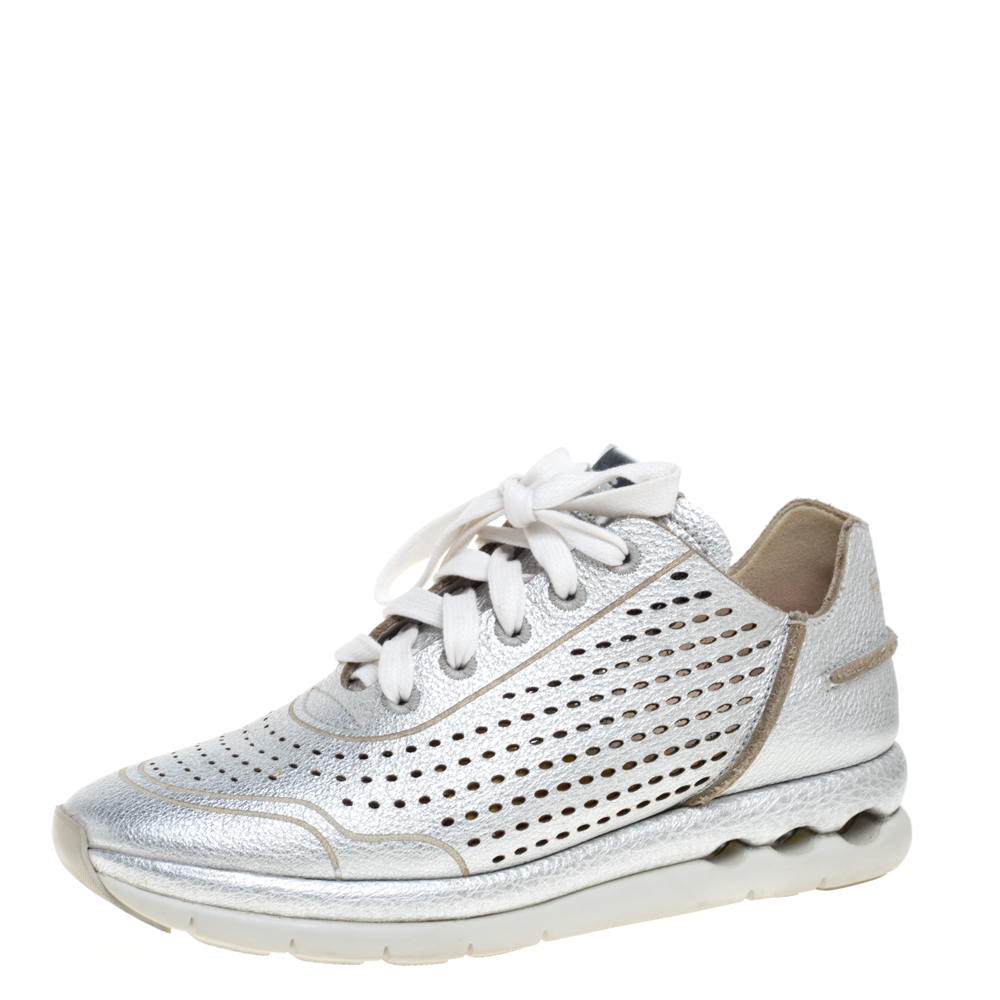 Pre Owned Salvatore Ferragamo Silver Perforated Leather Gils Sneakers Size 37.5