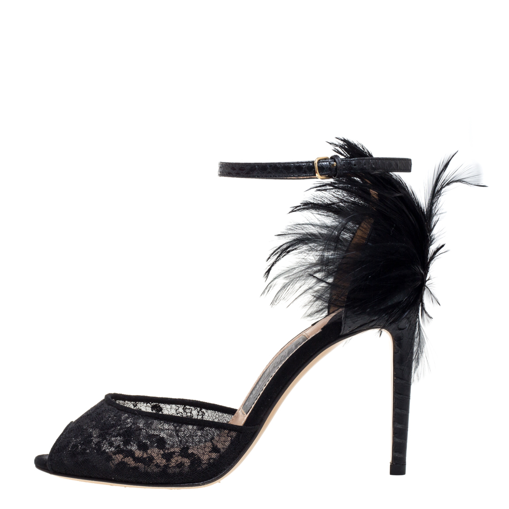 

Salvatore Ferragamo Black Python/Lace and Feather Narleen Ankle Strap Sandals Size