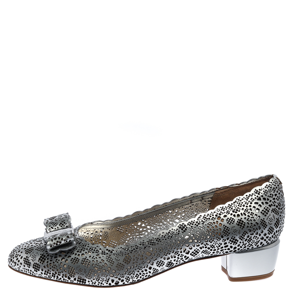 

Salvatore Ferragamo Metallic Grey Perforated Leather Varina Bow Ballet Flats Size