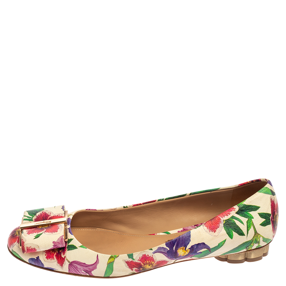 

Salvatore Ferragamo Multicolor Floral Print Leather Avola Bow Ballet Flats Size